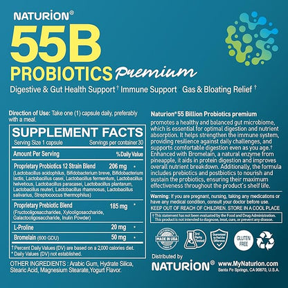 55B Probiotics Premium - 55 Billion CFU, 12 Strains, 185mg Prebiotic - Immune Support, Digestive & Gut Health - Supports Occasional Constipation, Gas & Bloating - 30 Vegan Capsules, 30 Day Supply