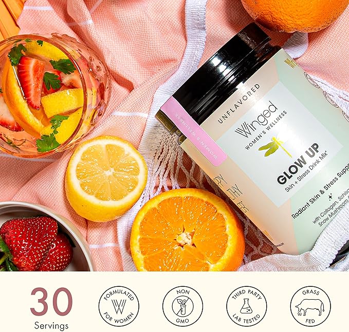 Winged Glow Up Collagen Powder 3 Pack | Hair, Skin, Nails & Stress Relief for Women | Grass Fed Collagen Peptides w/Adaptogen Schisandra, Snow Mushroom, Vitamin C & Biotin | Unflavored (75 Servings)