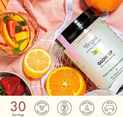 Winged Glow Up Collagen Powder 3 Pack | Hair, Skin, Nails & Stress Relief for Women | Grass Fed Collagen Peptides w/Adaptogen Schisandra, Snow Mushroom, Vitamin C & Biotin | Unflavored (75 Servings)