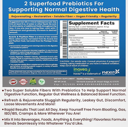 Acacia & Psyllium Husk Fiber Powder 2 Organic Soluble Fiber Digestive Restoring Gut Nutrients. Organic Psyllium Husk & Organic Acacia Powder IBS, Leaky Gut 1.5 Ibs (24oz)