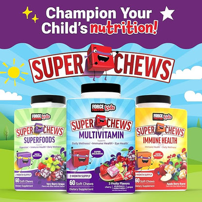 Force Factor Kids Multivitamin Super Chews, Kids Vitamins to Support Wellness, Immune Health, Eye Health, & More with 18 Vitamins, Minerals, & Antioxidants, 2-Month Supply, Multi-Flavor, 60 Soft Chews