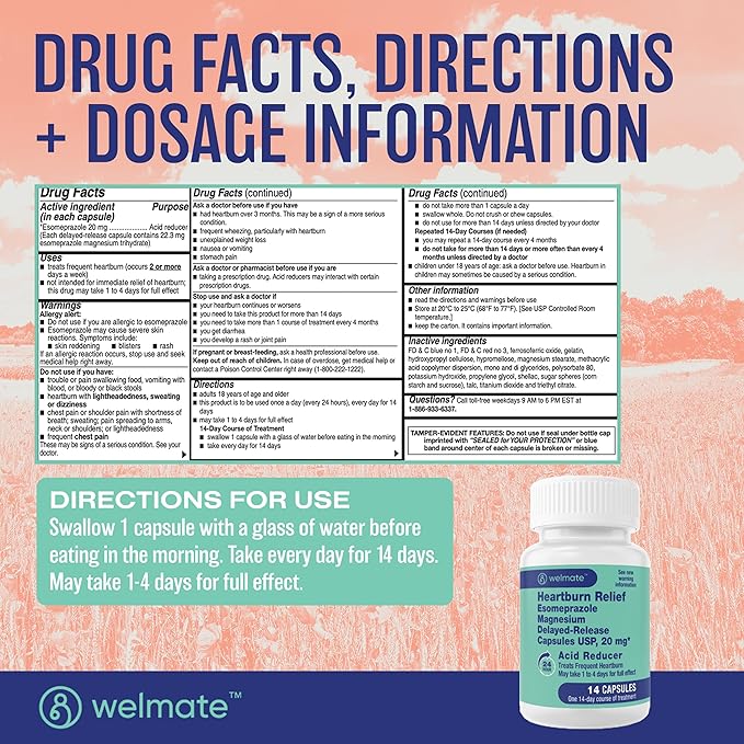 WELMATE - Esomeprazole Magnesium 20 mg - Heartburn Medicine - Acid Reducer - Delayed Release Heartburn Relief - 24hr Protection - for Men & Women - 42 Capsules - 1 Pack