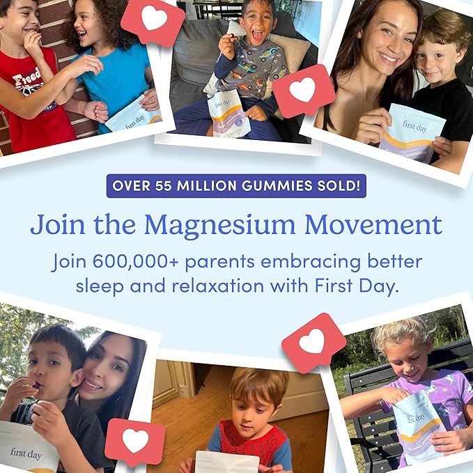 FIRST DAY Magnesium for Kids Gummies – Calm Kids Magnesium Citrate Gummies to Support Sleep & Relaxation – Bedtime Supplement with Suntheanine® L-Theanine, NO Melatonin - Strawberry - 30-Day Supply