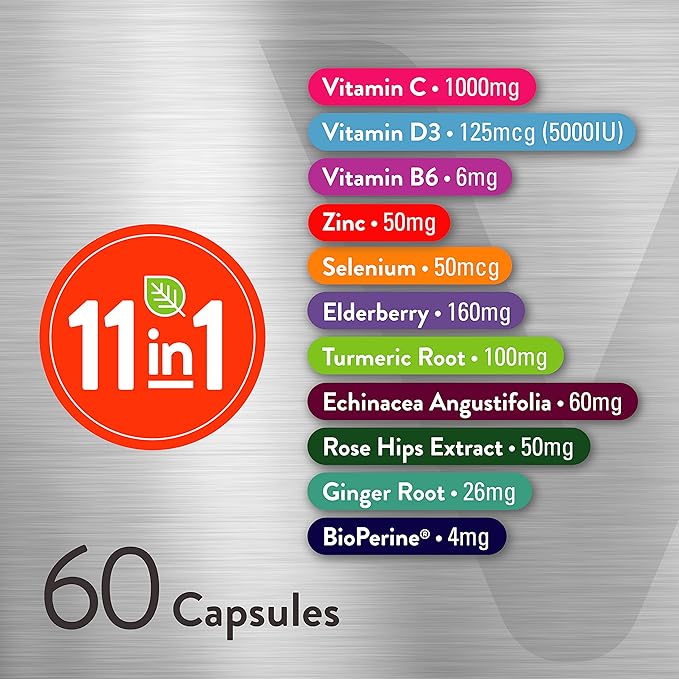 Viteey 11 in 1 Multivitamin Immune Defense Supplement - Immune Booster Capsules with Vitamin D3, Vitamin B6, Echinacea, Turmeric, Rose-HIPS, Selenium, BioPerine, Ginger, Elderberry Vitamin C and Zinc