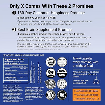 X - The Ultimate Brain Performance Enhancer — World's Most Powerful Brain Supplement Capsule - Increase Focus, Energy, Memory, Concentration, Productivity - Backed by Science - Nootropic Stack