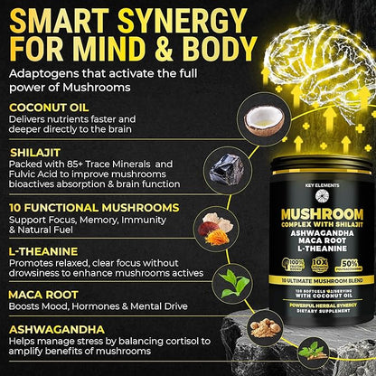 Organic Mushroom Complex with Shilajit & Coconut Oil - Lion’s Mane Mushroom Supplement with Ashwagandha and L-Theanine - Mushroom Nootropic for Memory, Focus & Immune Mushroom Capsules Softgels