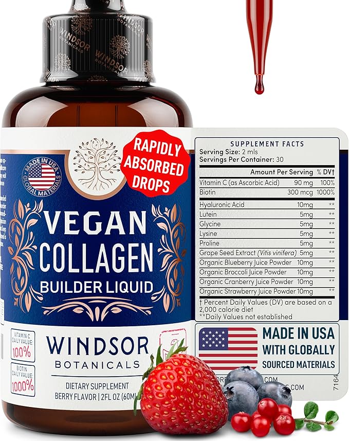WINDSOR BOTANICALS Vegan Collagen Builder Liquid Supplement - Collagen Booster with Vitamin C, Biotin, Hyaluronic Acid & Amino Acids - Organic Fruit & Vegetable Blend - 60ml, 30 Day