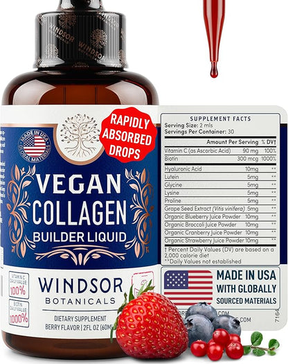 WINDSOR BOTANICALS Vegan Collagen Builder Liquid Supplement - Collagen Booster with Vitamin C, Biotin, Hyaluronic Acid & Amino Acids - Organic Fruit & Vegetable Blend - 60ml, 30 Day