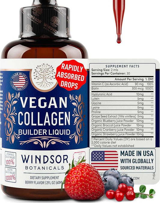 WINDSOR BOTANICALS Vegan Collagen Builder Liquid Supplement - Collagen Booster with Vitamin C, Biotin, Hyaluronic Acid & Amino Acids - Organic Fruit & Vegetable Blend - 60ml, 30 Day