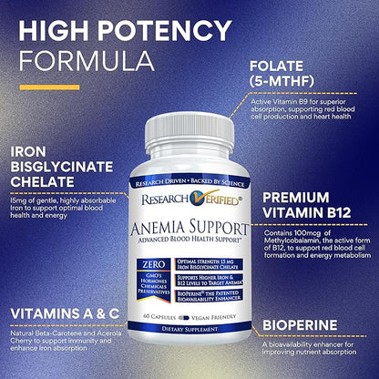 Research Verified Anemia Support - Replenish Iron, Regulate Hemoglobin, Improve Energy - Iron, Vitamin C, Vitamin A, B12, Folate, BioPerine - 180 Capsules - Vegan