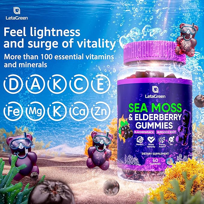 Irish Sea Moss Gummies – Sea Moss Bladderwrack Burdock Elderberry – 60 Vegan Seamoss Bears – Elderberry Gummies for Kids & Adults with Vitamin C & Zinc
