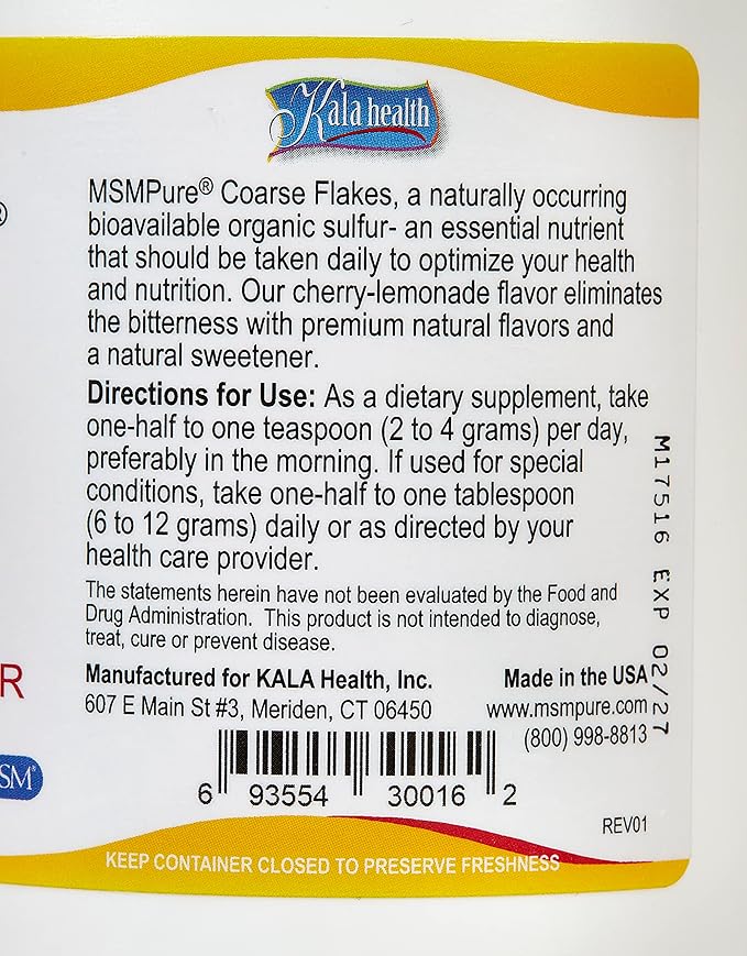KALA HEALTH MSMPure Cherry Lemonade Flavored Coarse MSM Powder Flakes – US-Sourced MSM for Joint Health, Skin Appearance, and Hair & Nail Support – 1 lb, Organic Sulfur