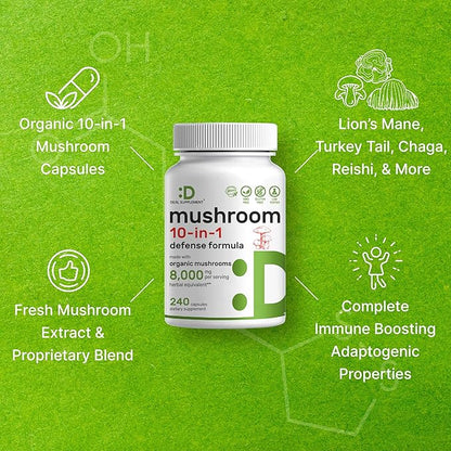 Organic 10-in-1 Mushroom Supplement 8,000mg Per Serving, 240 Capsules – Lions Mane, Turkey Tail, Reishi, Cordyceps & More Mushroom Complex – Immune, Energy & Nootropic Brain Support – Non-GMO