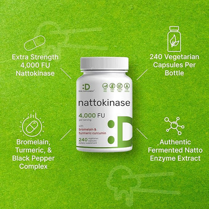 Nattokinase Supplement 4,000 FU Per Serving, 240 Veggie Capsules – Japanese Natto with Bromelain, Turmeric Curcumin & Black Pepper Complex – Digestive Enzymes & Heart Health – Non-GMO, Vegan