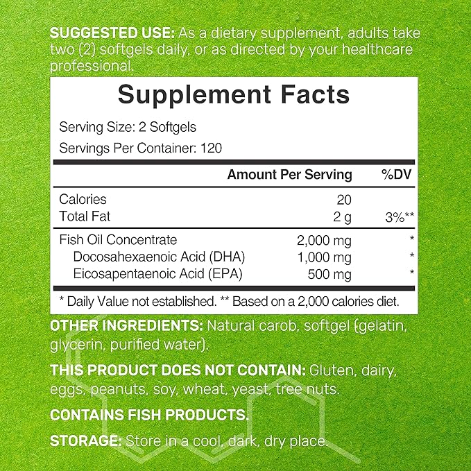 DHA Supplements | 240 Softgels, Burpless, Lemon Flavor, DHA 1000mg + EPA 500mg, Wild Caught Fish
