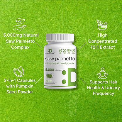 Saw Palmetto Supplement 5000 mg with Pumpkin Seed, 300 Capsules | Promotes Prostate Health | DHT Blocker | Hair Growth Vitamins, Maintain Normal Urinary Frequency