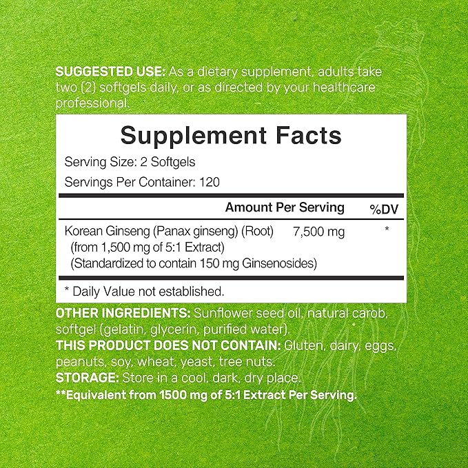 Korean Red Panax Ginseng Root Extract, 7,500mg Serving, 240 Softgels – 150mg Active Ginsenosides