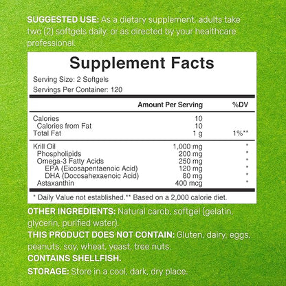 DEAL SUPPLEMENT Antarctic Krill Oil, 1,000mg Per Serving, 240 Softgels – Mercury Free, No Fishy Taste – Rich in Omega-3s, EPA, DHA, Astaxanthin, & Phospholipids – Non-GMO, No Gluten